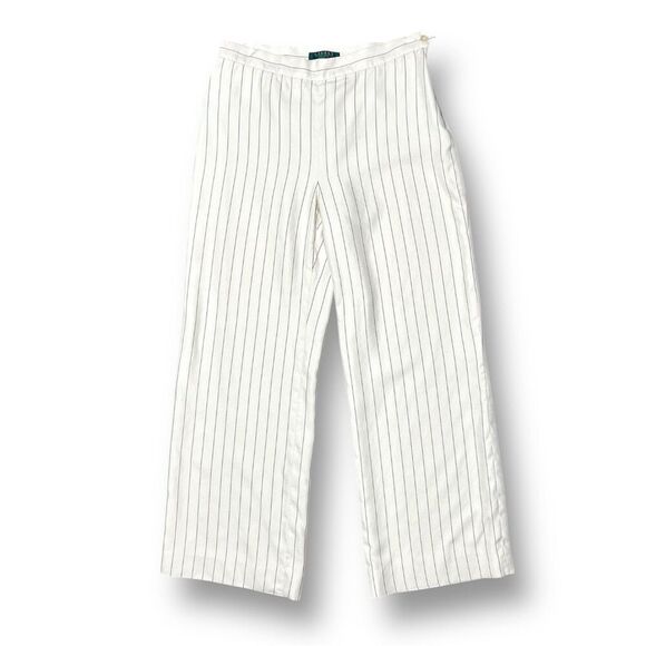 Ralph Lauren Petite 10 Ivory Striped 100% Linen Straight Pants Minimalist Office - Picture 3 of 9